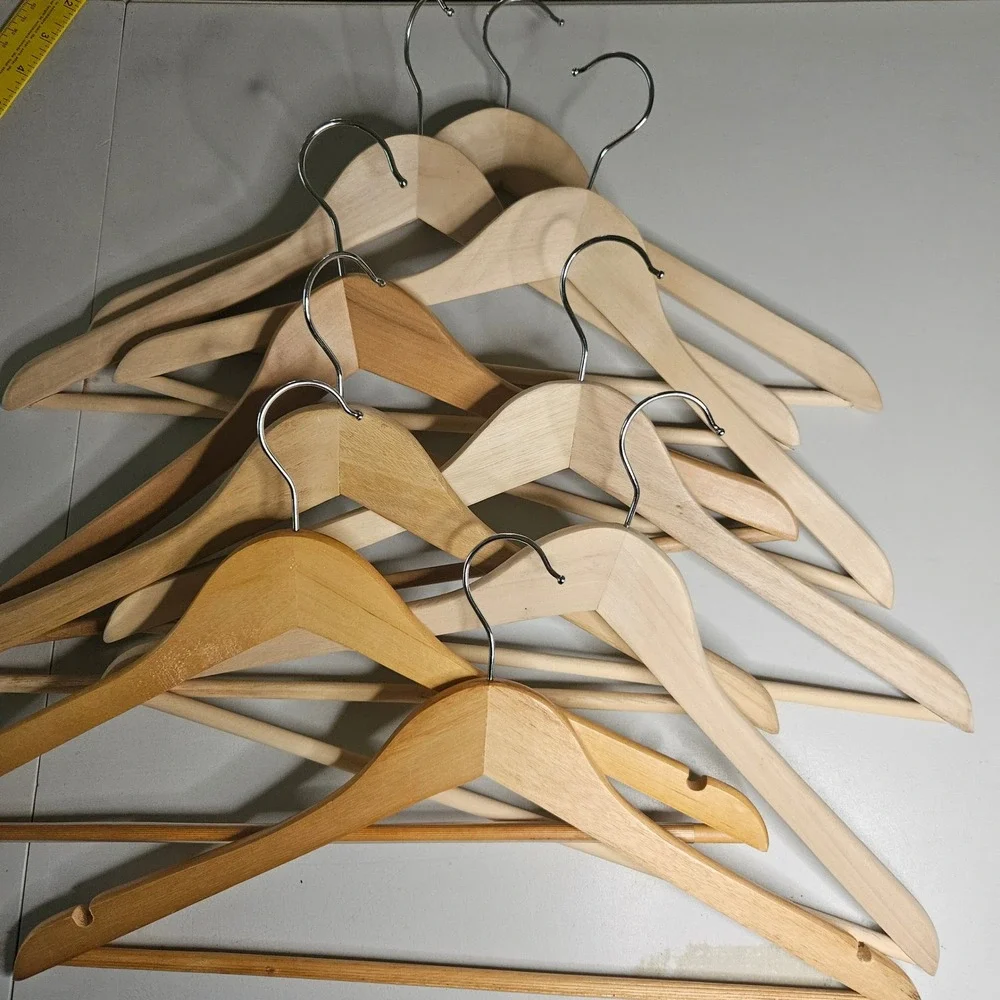 Lot of 8 Solid Wood Suit Hangers Natural Honey Finish Heavy Duty Contoured